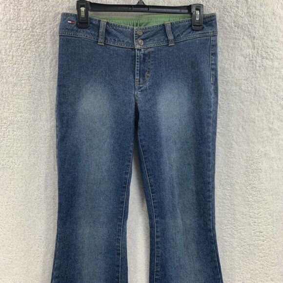 Vtg Y2K Tommy Hilfiger Flare Jeans Low Rise Blue Jr Sz 3 Button Leg Bare back - Picture 12 of 14